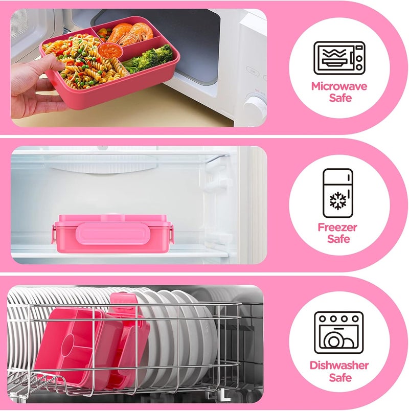 Jelife Kids Lunch Bento Box, Large Bento-Style Leakproof Boxes 4 Compartments Girls Snack Containers with Tableware for Back to School, Reusable On-the-Go Meal and Packing, Pink - Image 5